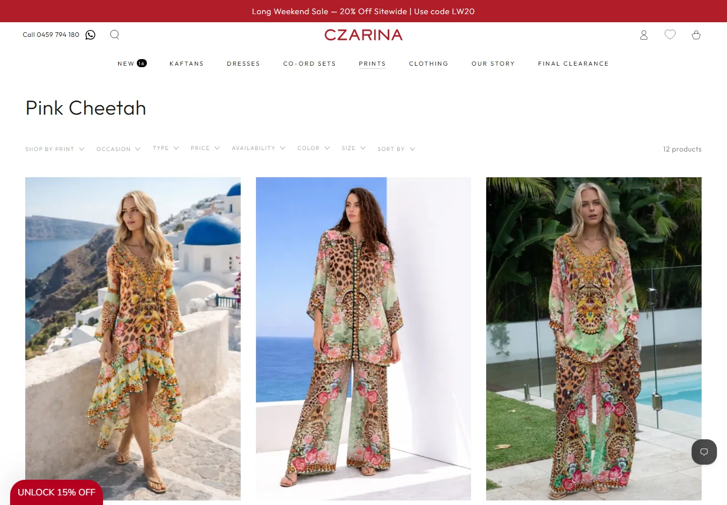 Czarina Pink Cheetah collection on desktop, showing print navigation, filters and product cards