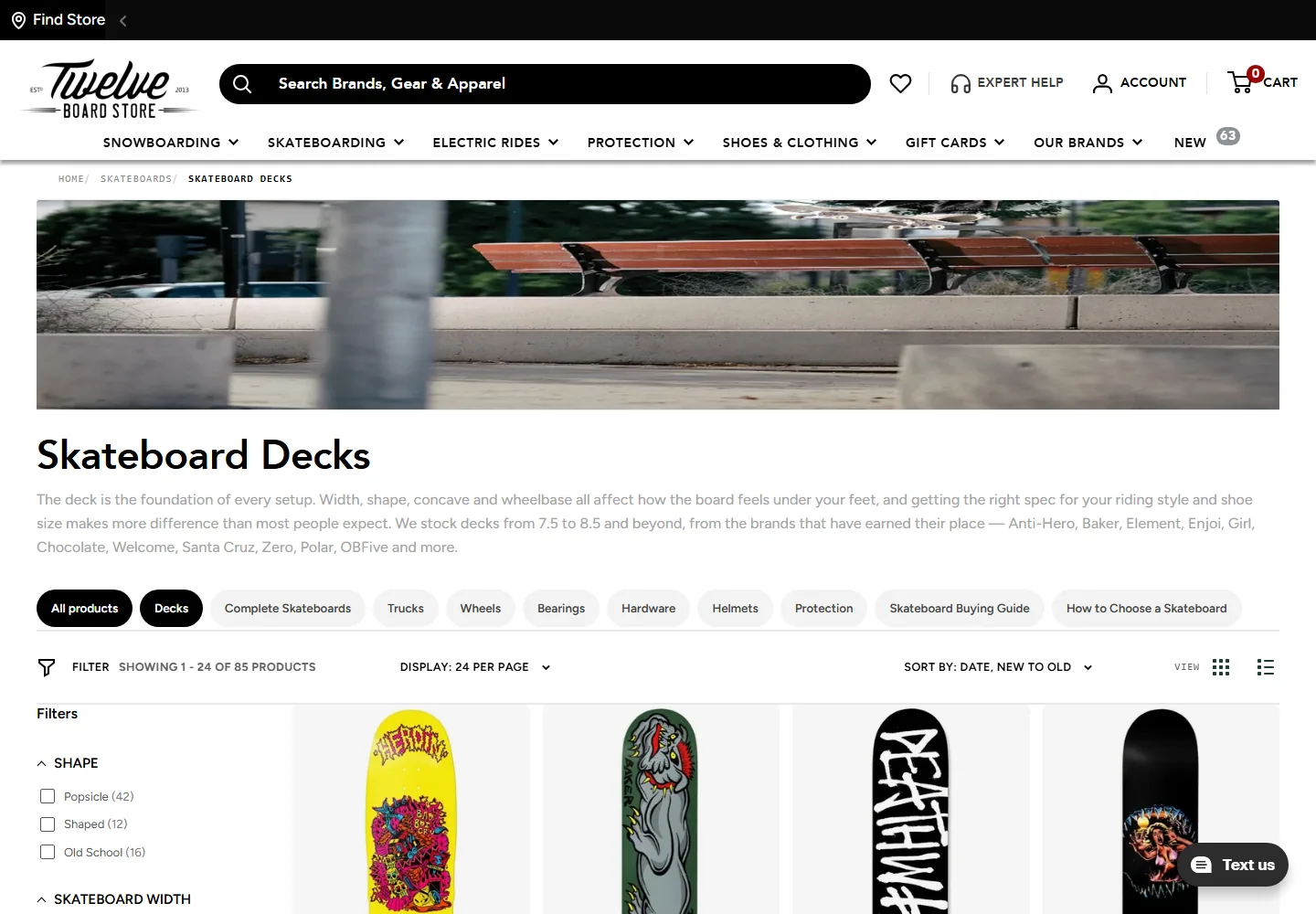 Twelve Board Store skateboard decks collection on desktop, with category links, filters and product cards