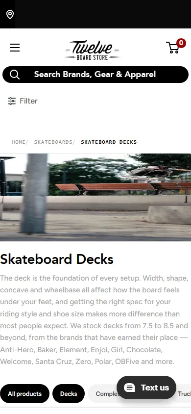 Twelve Board Store skateboard decks collection on mobile, showing the collection introduction and buying routes