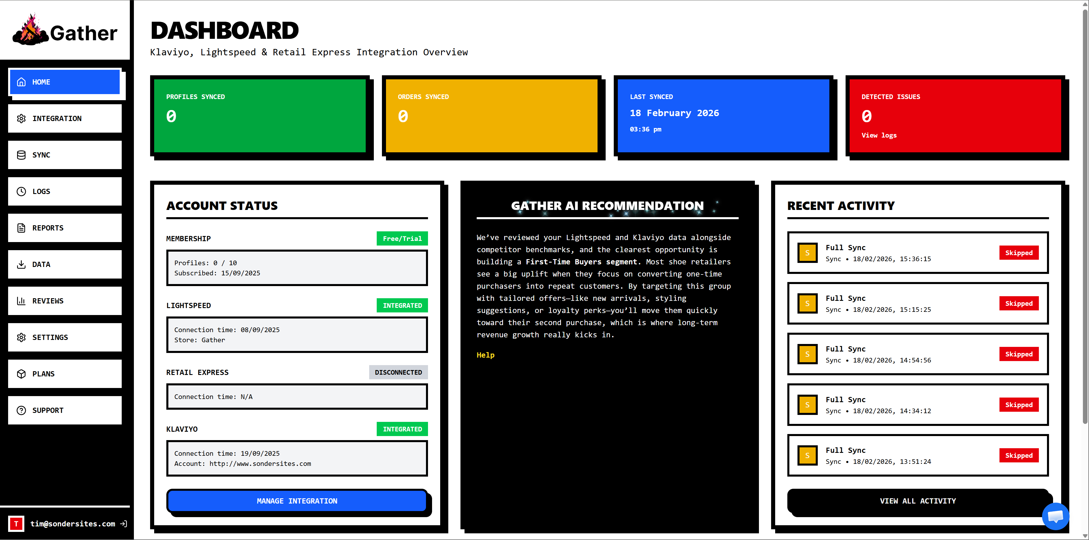 Gather dashboard showing the Klaviyo, Lightspeed and Retail Express integration overview